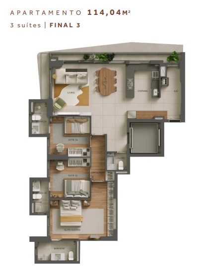 Planta do Apartamento de 114 m² no Areião 1141