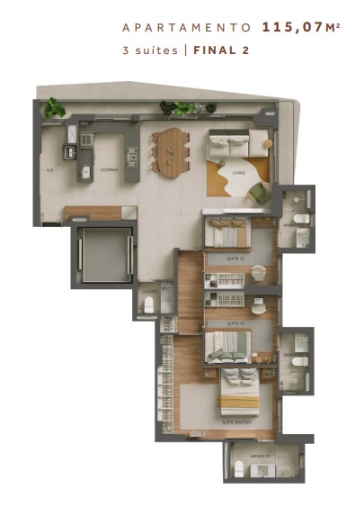 Planta do Apartamento de 115 m² no Areião 1141