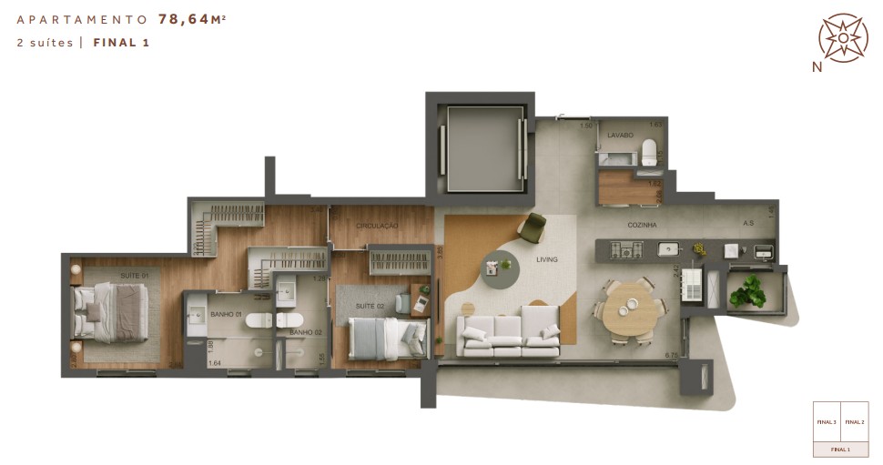 Planta do Apartamento de 81,41 m² no Areião 1141