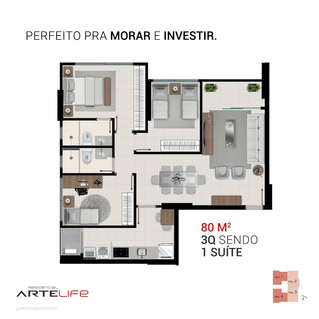 Planta do Apartamento de 80,35 m² no Arte Life