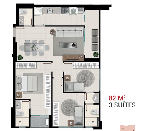 Planta do Apartamento de 82 m² no Arte Life