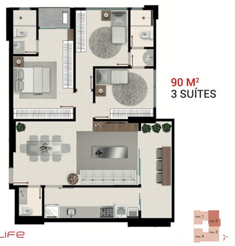 Planta do Apartamento de 90 m² no Arte Life