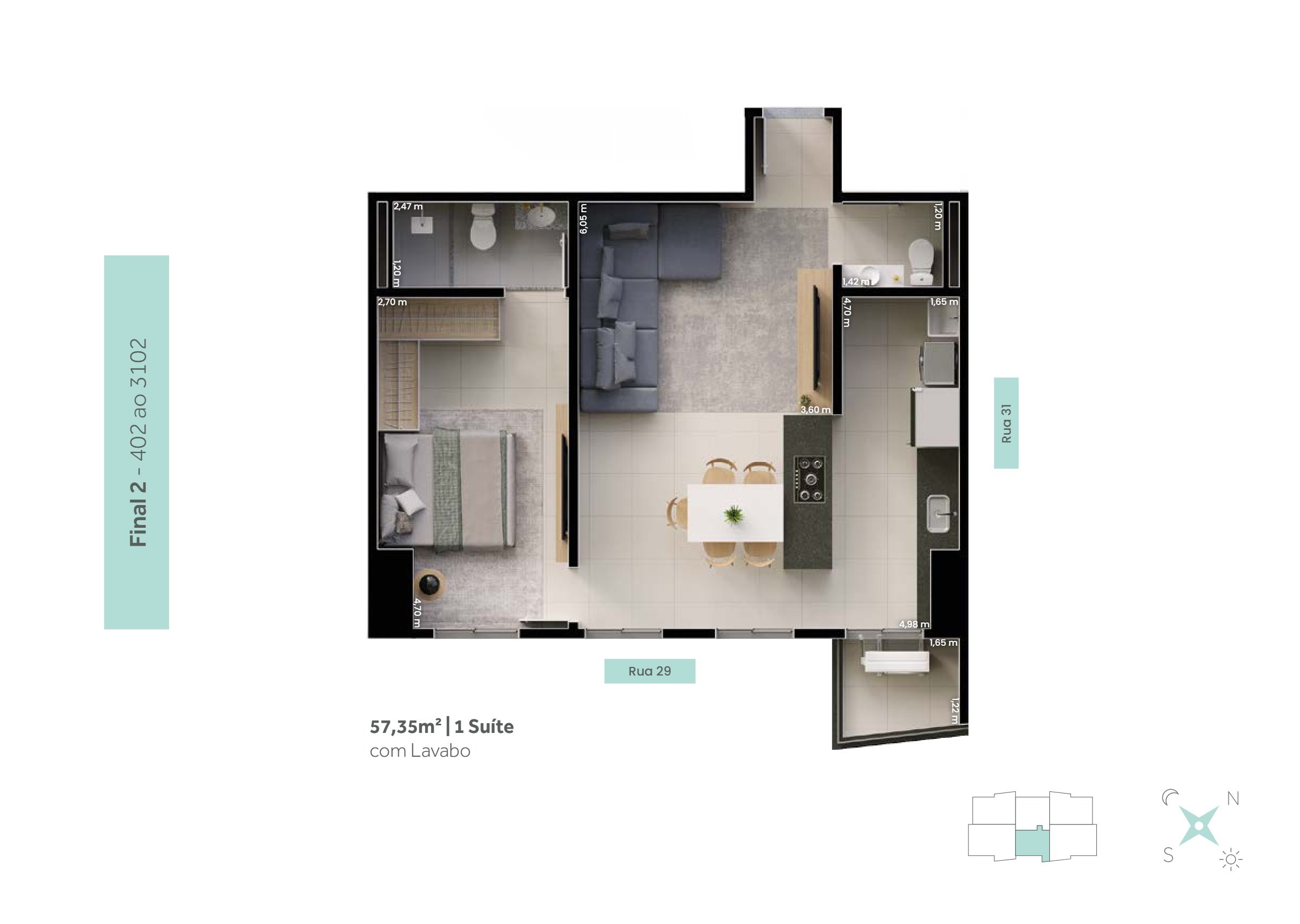 Planta do Apartamento de 57,35 m² no B Great Bosque dos Buritis