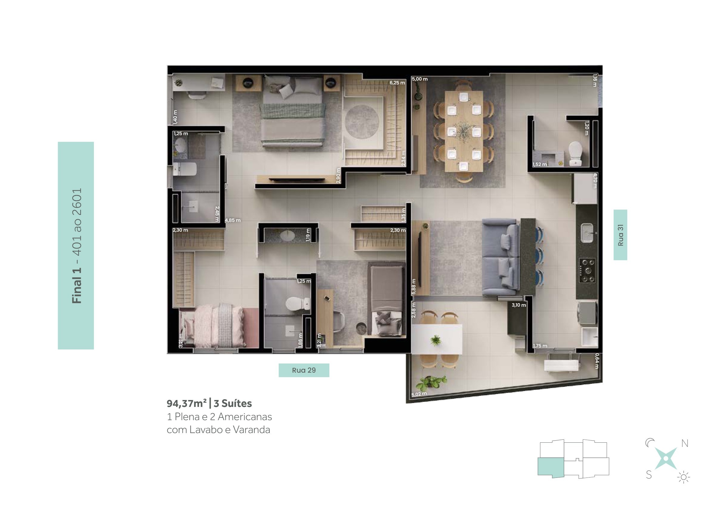 Planta 1 do Apartamento de 94,37 m² no B Great Bosque dos Buritis