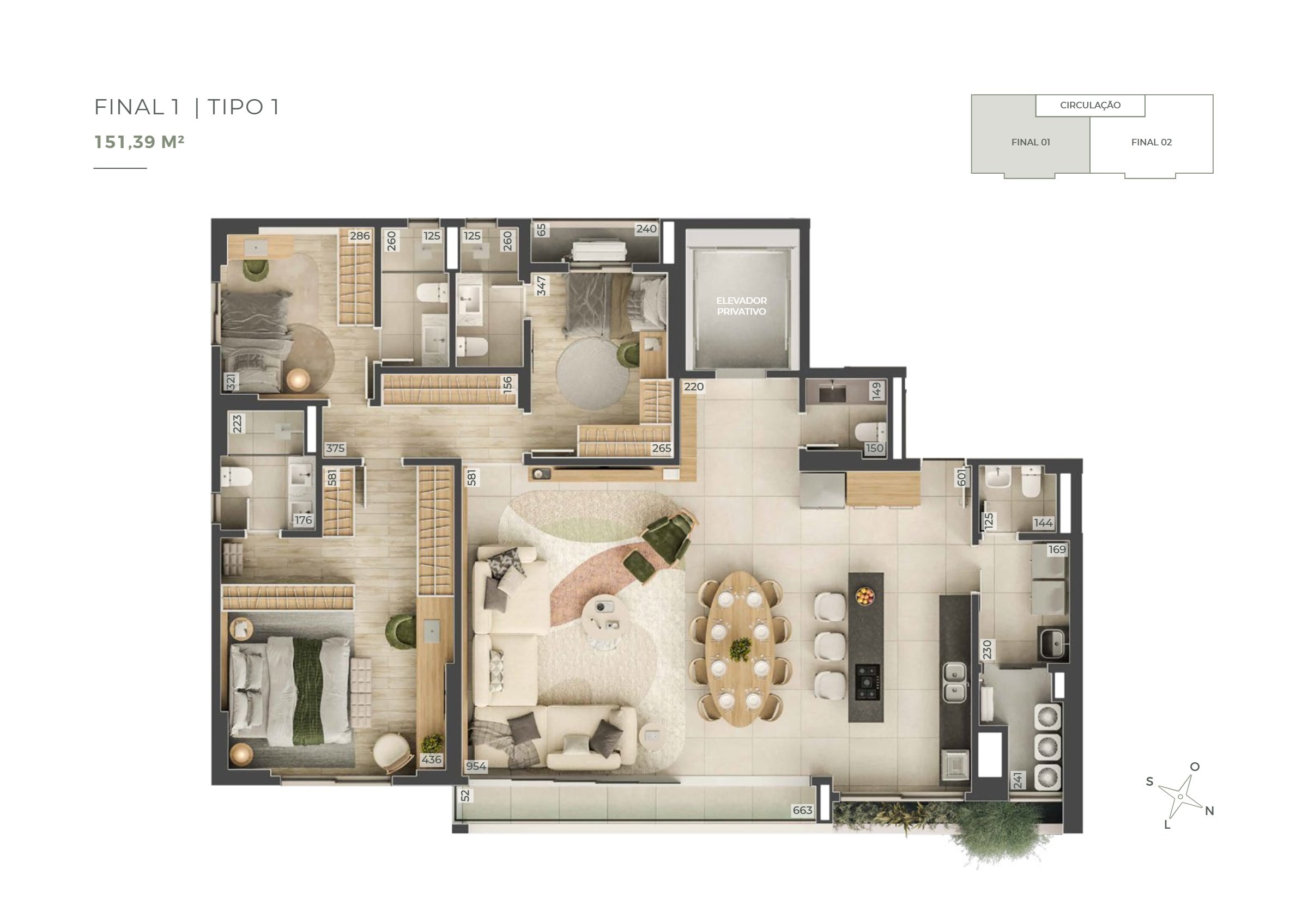Planta 1 do Apartamento de 151,39 m² no Praça 232
