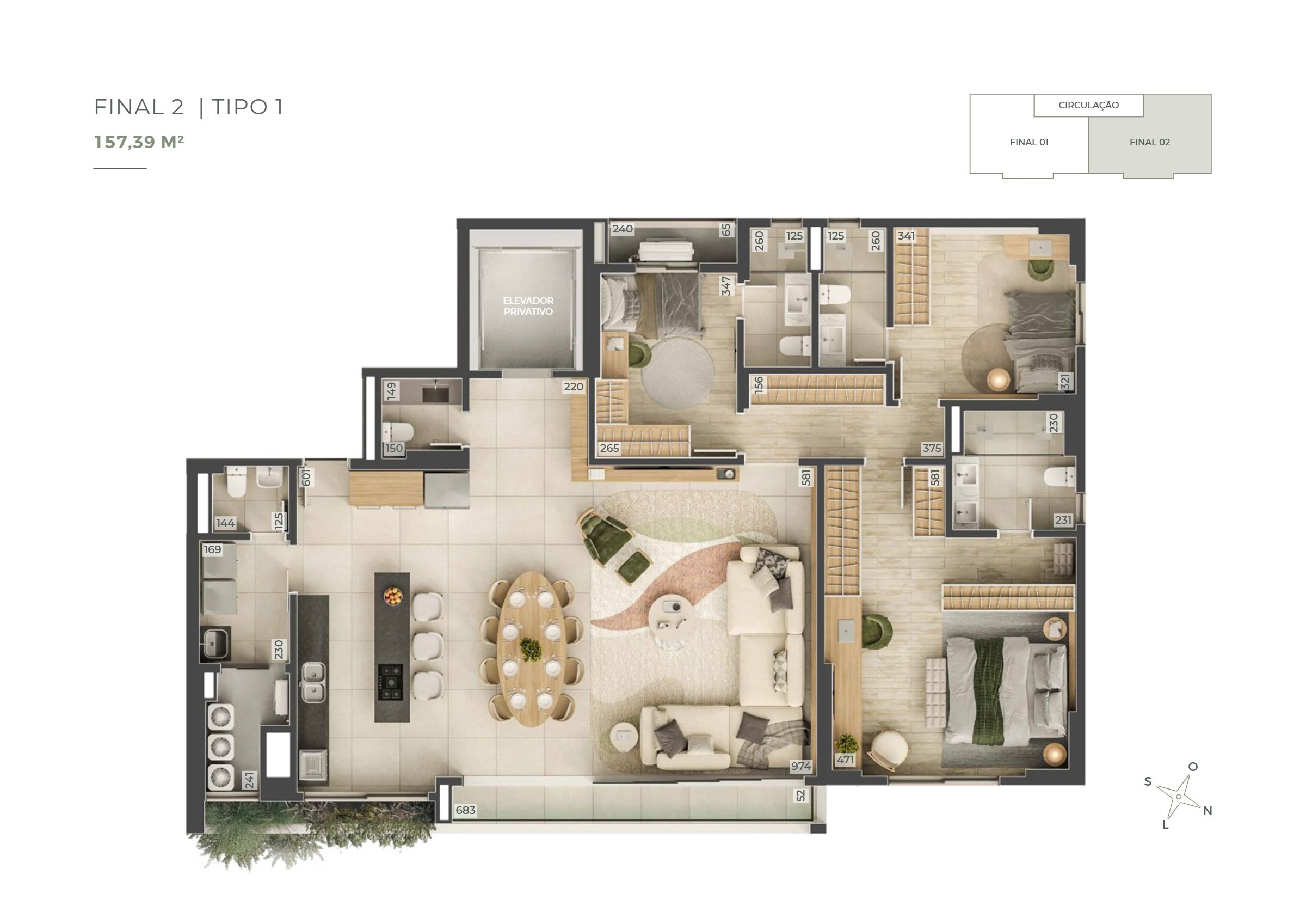 Planta 1 do Penthouse de 157,39 m² no Praça 232